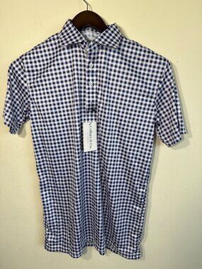 Mens Medium Navy & Purple Gingham Polo Shirt With Dress Collar Wrinkle Resistant